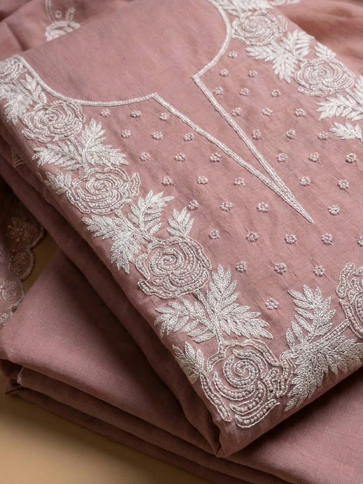 Onion Pink Chanderi Embroidered Unstitched Dress Material
