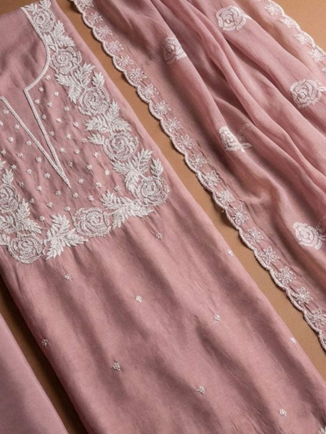 Onion Pink Chanderi Embroidered Unstitched Dress Material