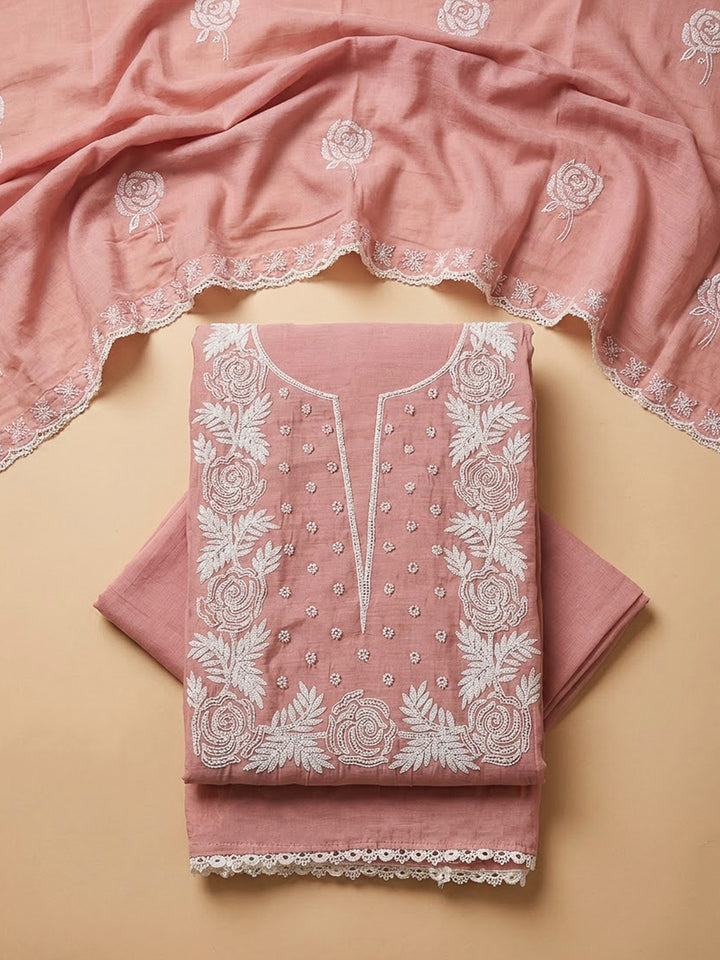 Peach Chanderi Embroidered Unstitched Dress Material