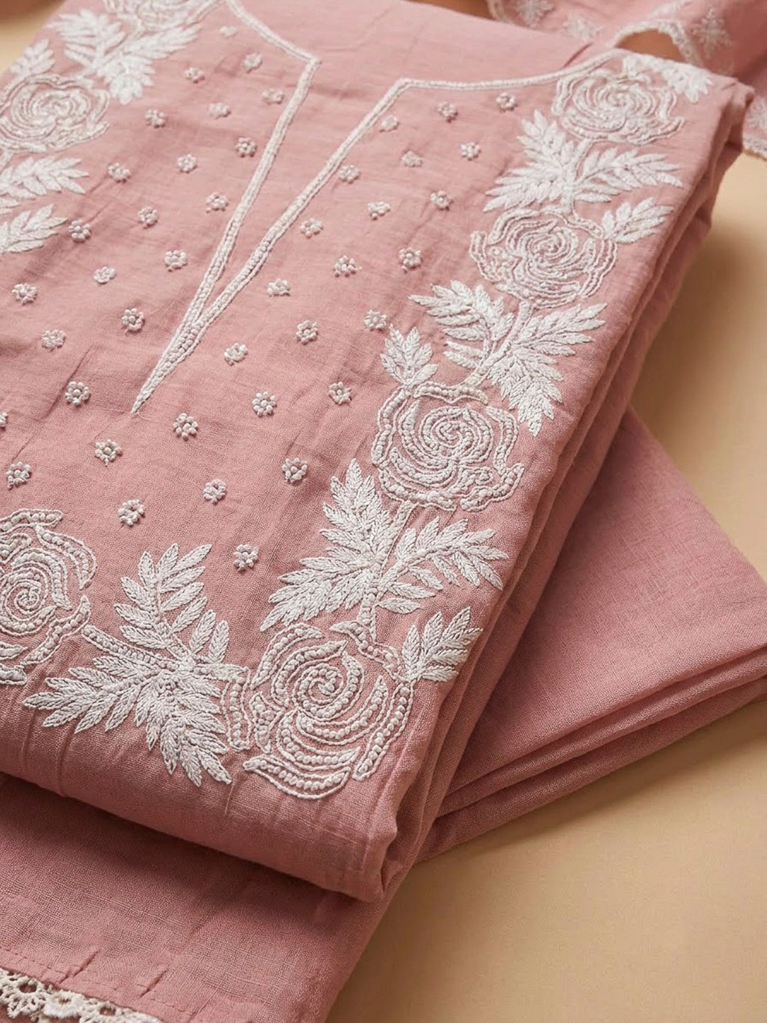 Peach Chanderi Embroidered Unstitched Dress Material