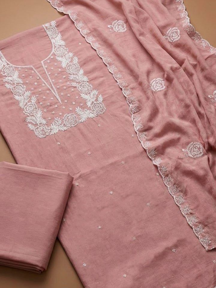 Peach Chanderi Embroidered Unstitched Dress Material