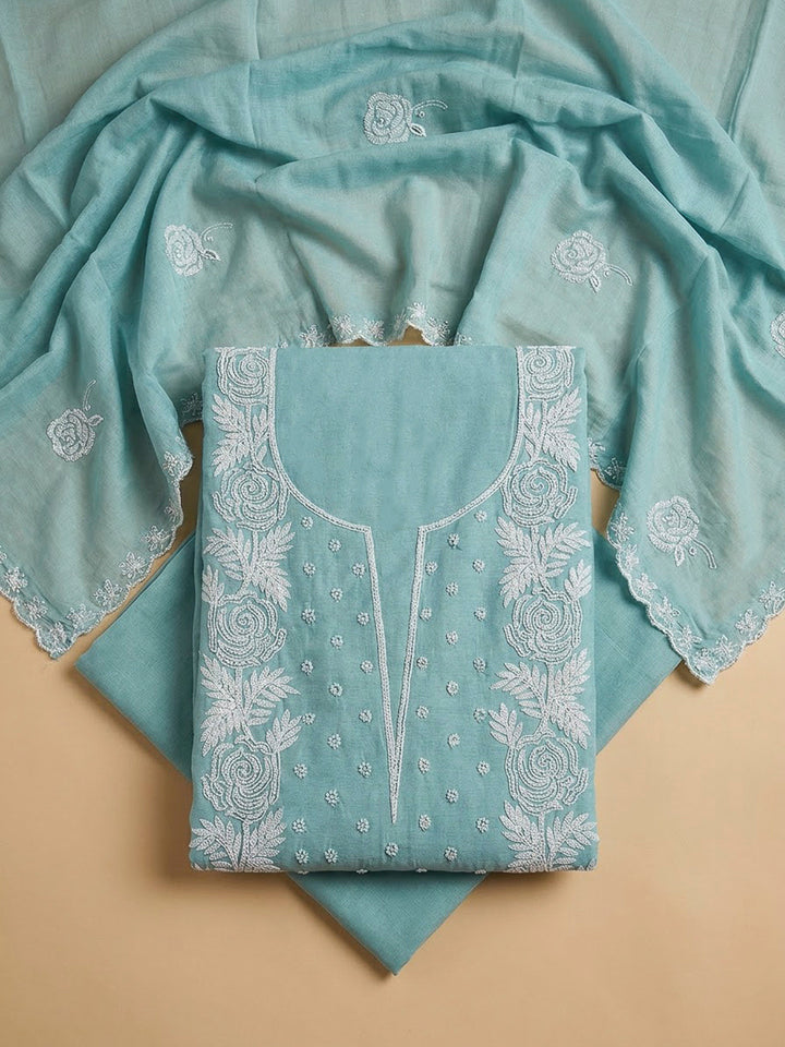 Sky Blue Chanderi Embroidered Unstitched Dress Material