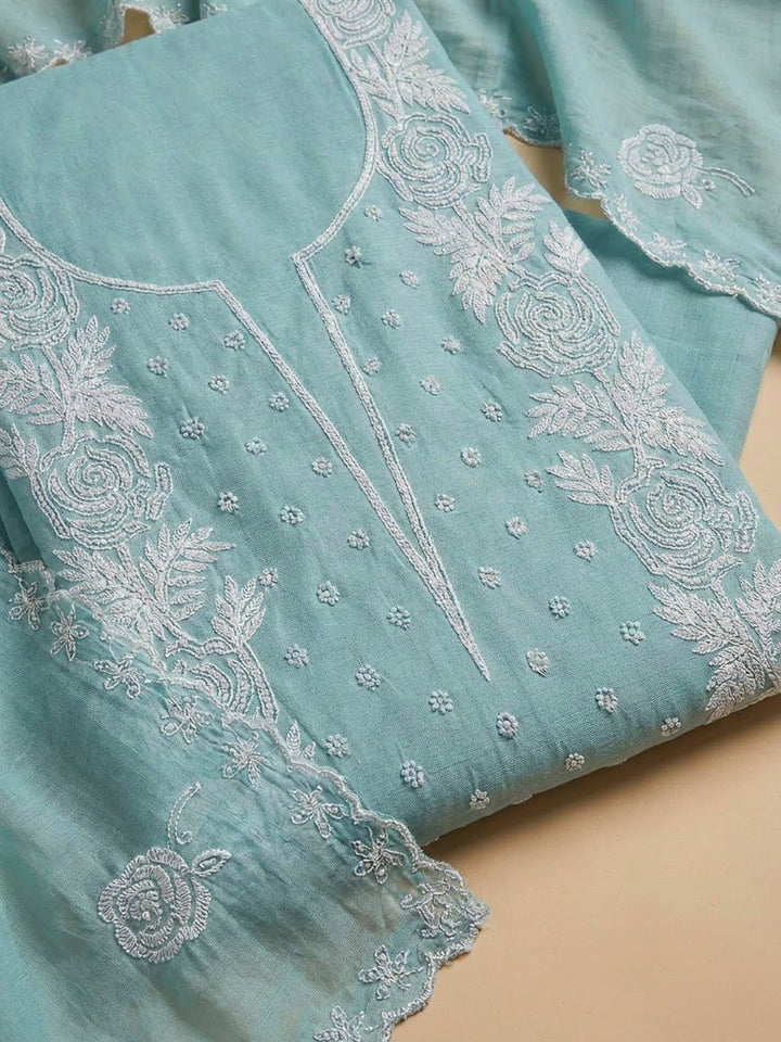Sky Blue Chanderi Embroidered Unstitched Dress Material