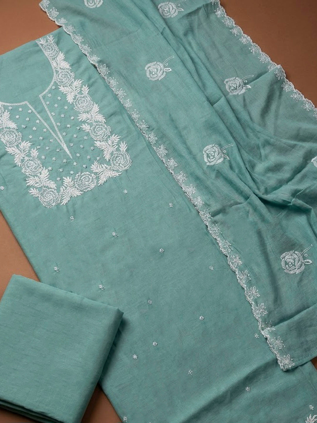 Sky Blue Chanderi Embroidered Unstitched Dress Material