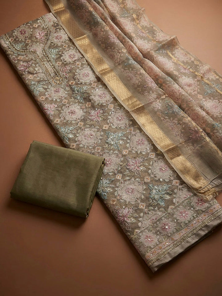 Beige Organza Embroidered Unstitched Dress Material