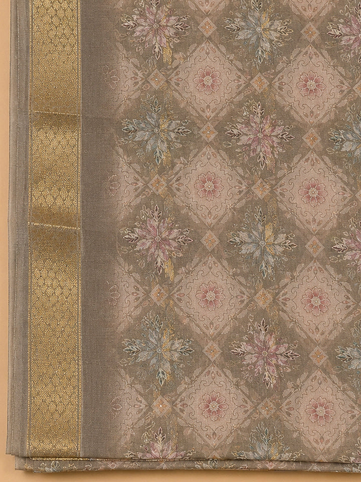 Beige Organza Embroidered Unstitched Dress Material