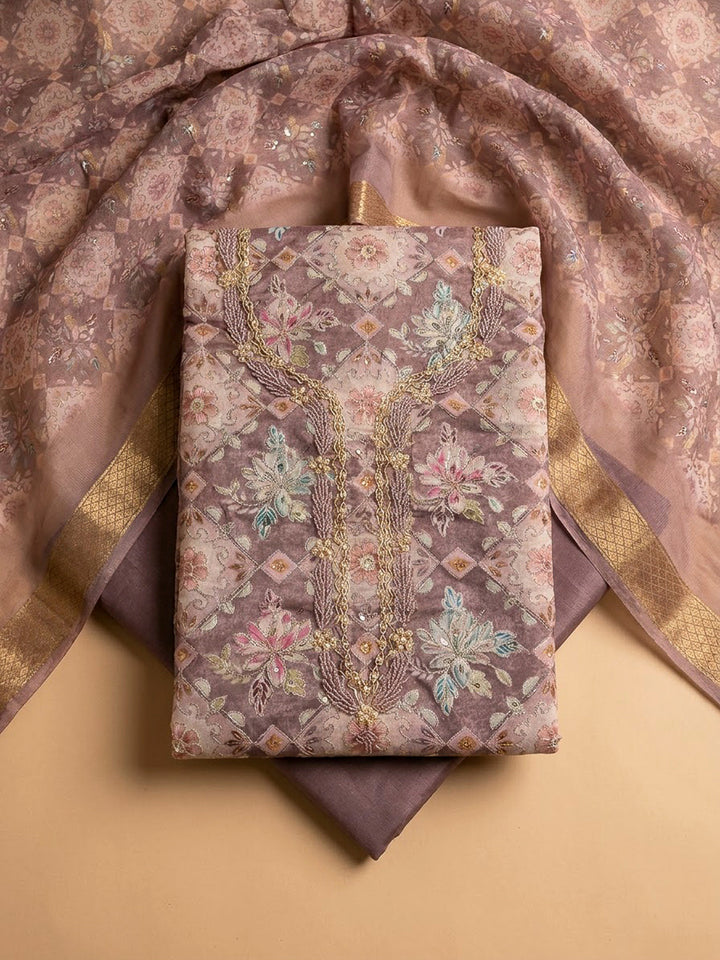 Onion Pink Organza Embroidered Unstitched Dress Material