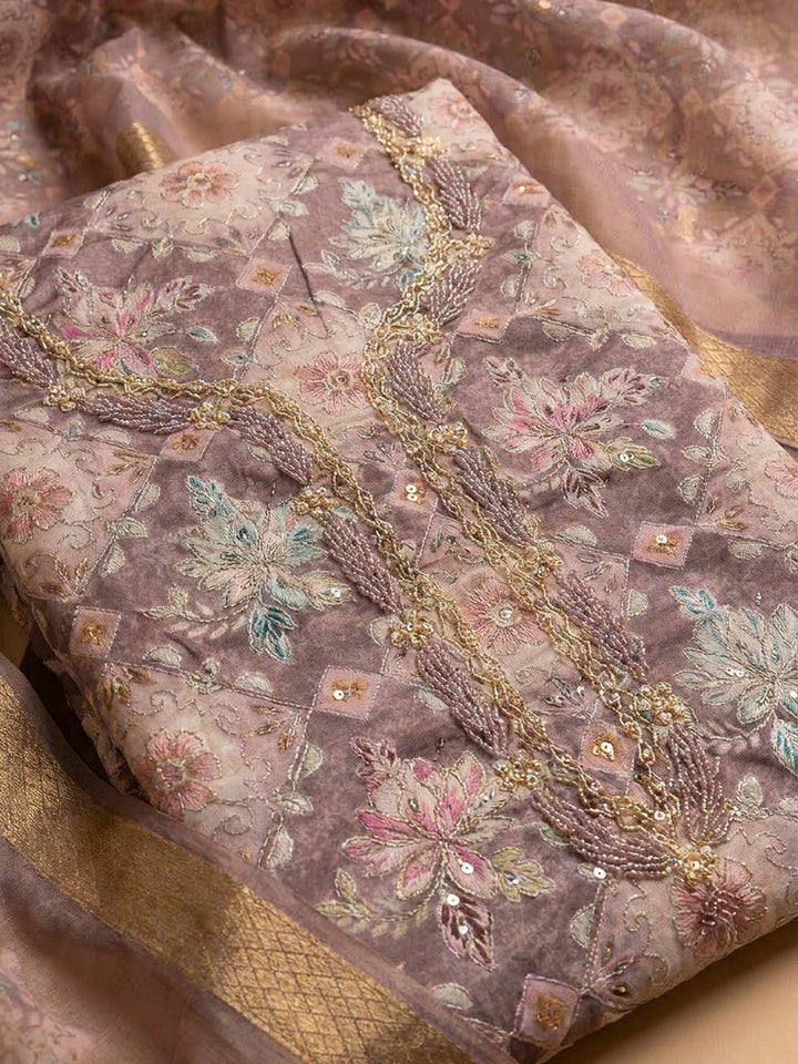 Onion Pink Organza Embroidered Unstitched Dress Material
