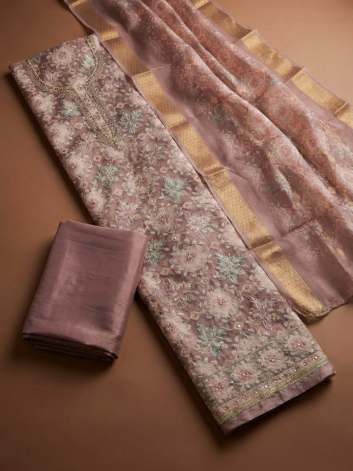 Onion Pink Organza Embroidered Unstitched Dress Material