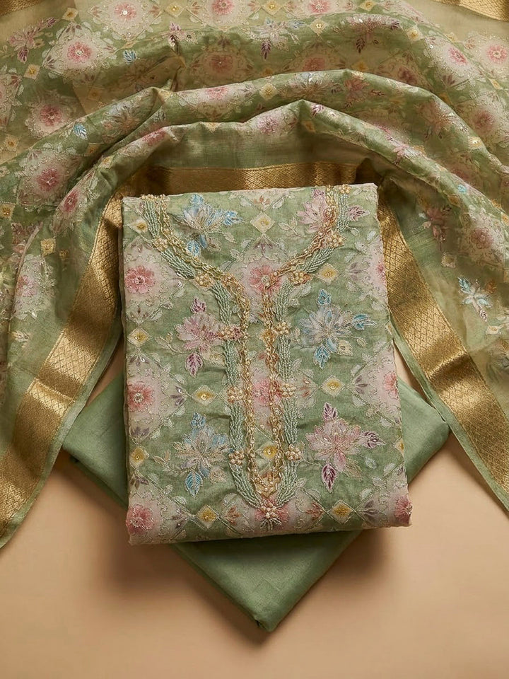 Pista Green Organza Embroidered Unstitched Dress Material