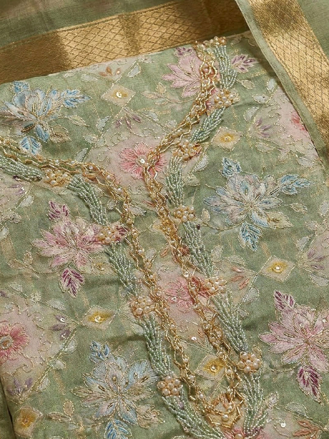 Pista Green Organza Embroidered Unstitched Dress Material