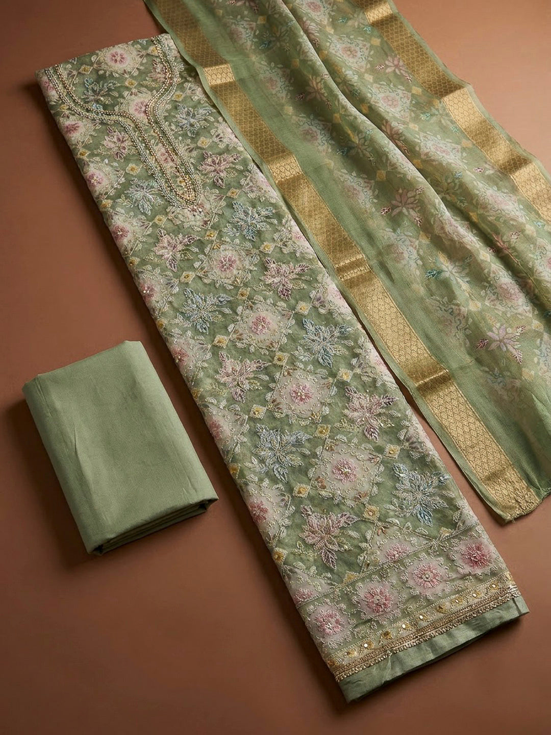 Pista Green Organza Embroidered Unstitched Dress Material