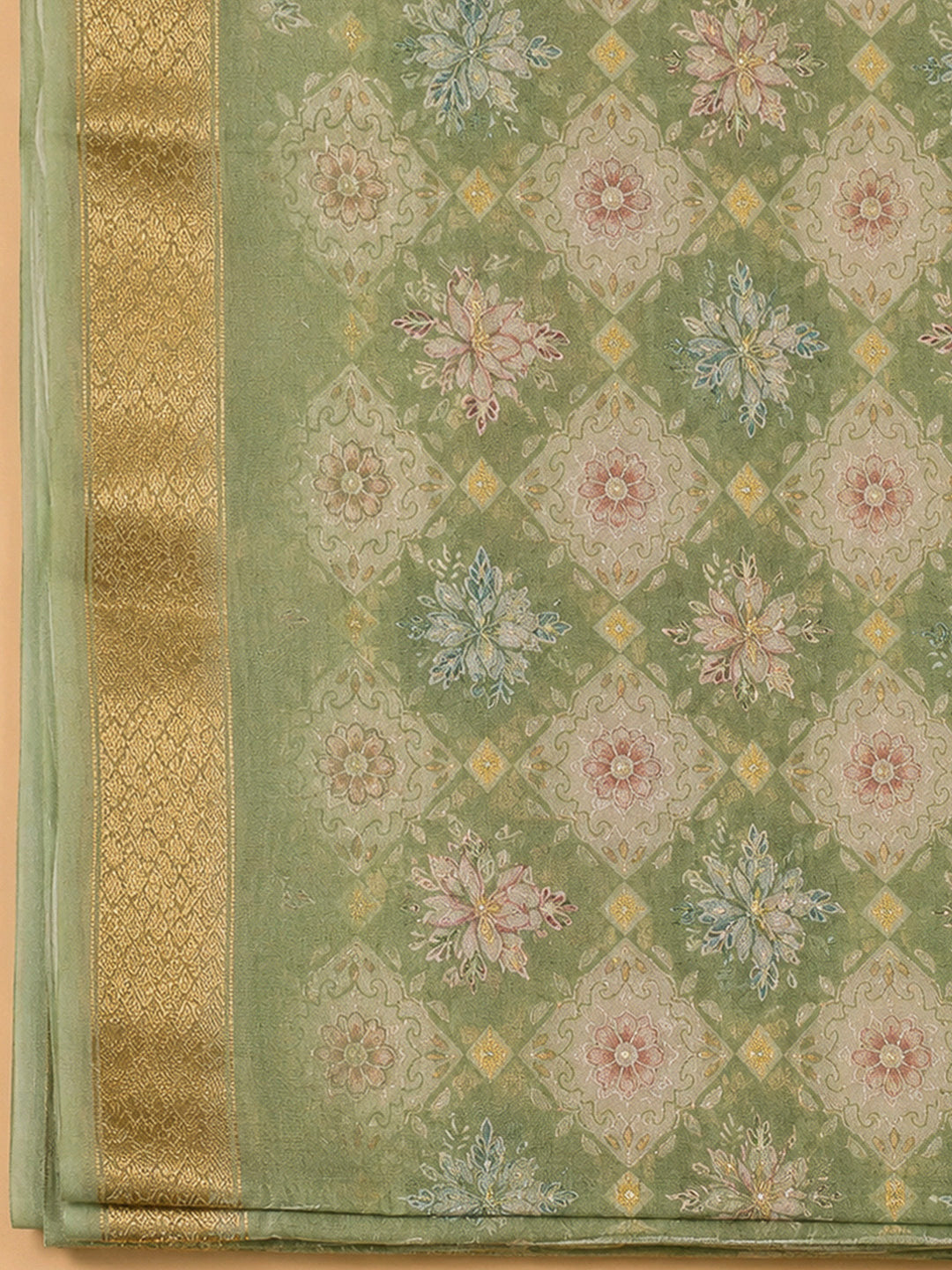Pista Green Organza Embroidered Unstitched Dress Material