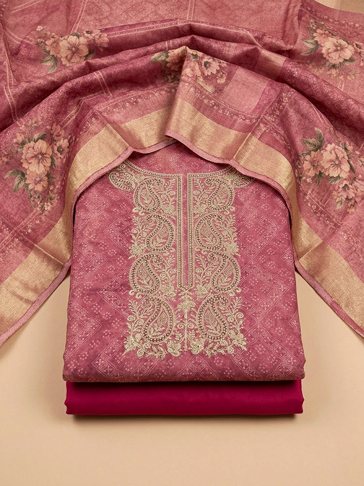 Onion Pink Chanderi Embroidered Unstitched Dress Material