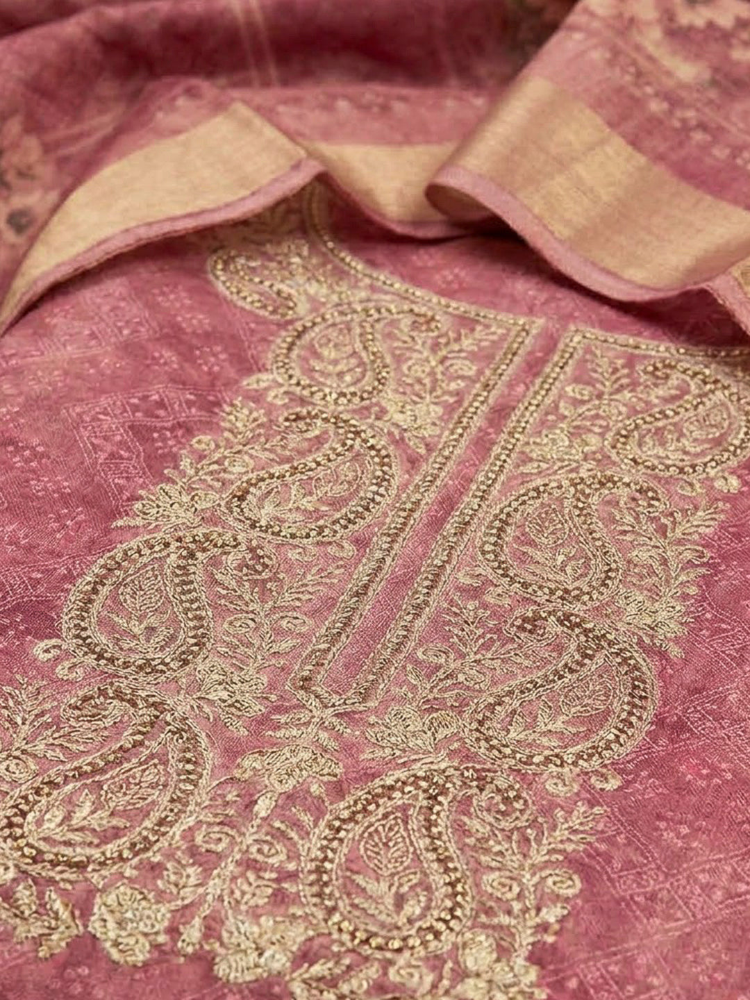 Onion Pink Chanderi Embroidered Unstitched Dress Material