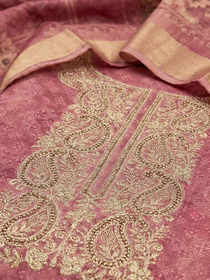 Onion Pink Chanderi Embroidered Unstitched Dress Material