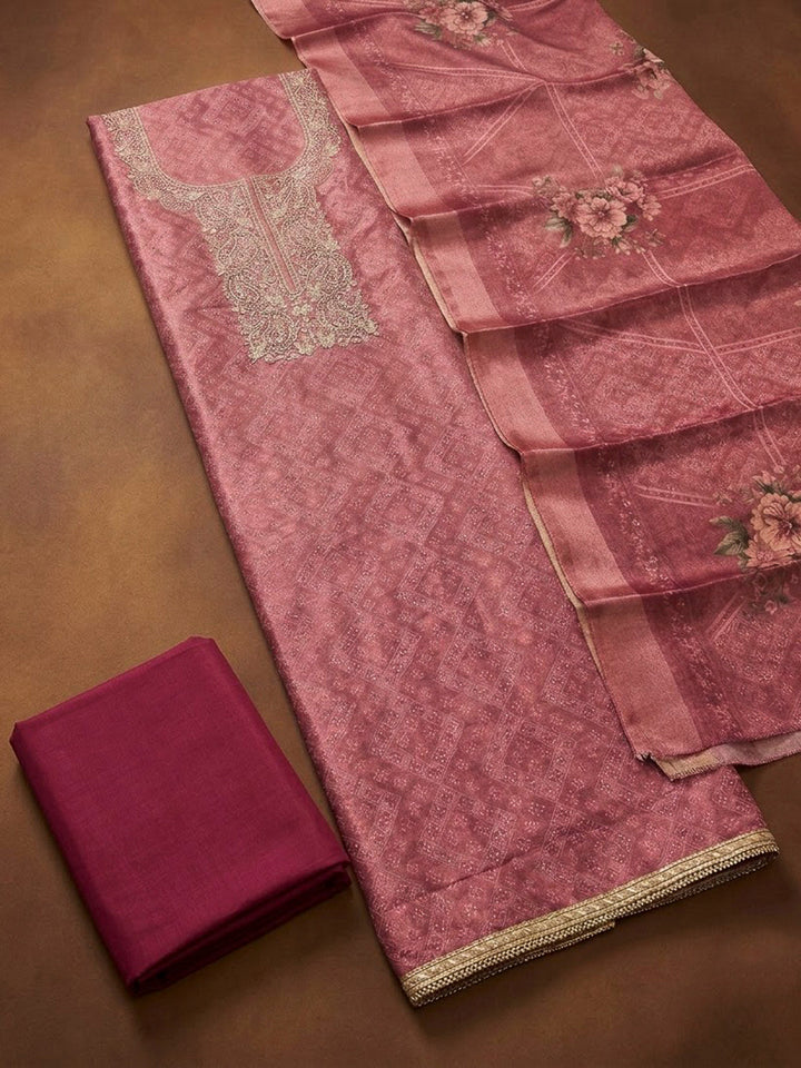 Onion Pink Chanderi Embroidered Unstitched Dress Material