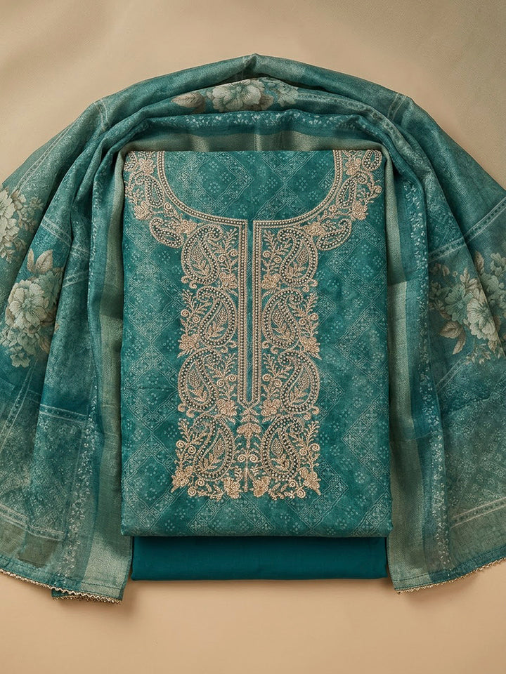 Rama Green Chanderi Embroidered Unstitched Dress Material
