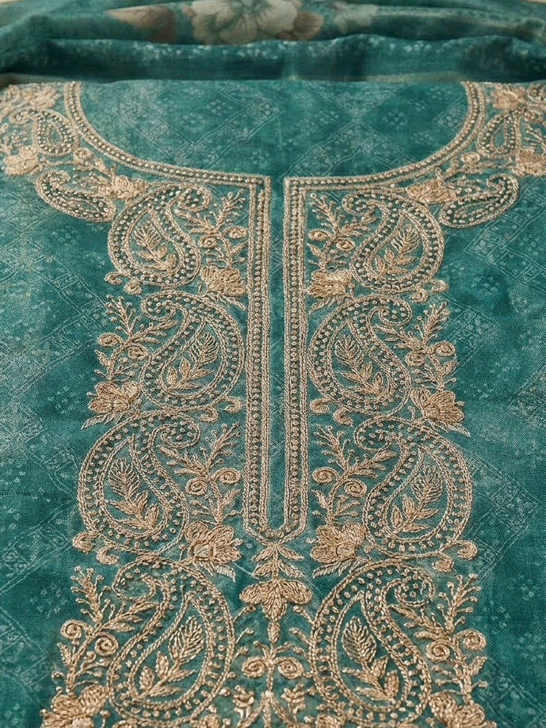 Rama Green Chanderi Embroidered Unstitched Dress Material