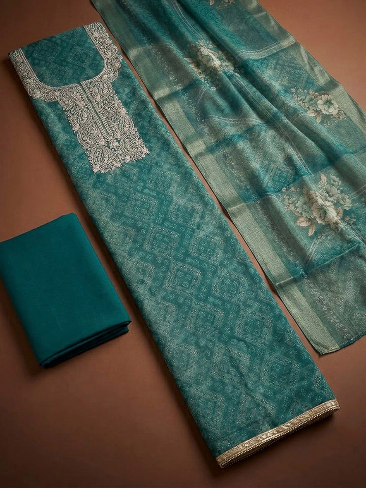 Rama Green Chanderi Embroidered Unstitched Dress Material