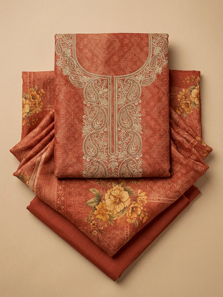 Rust Chanderi Embroidered Unstitched Dress Material