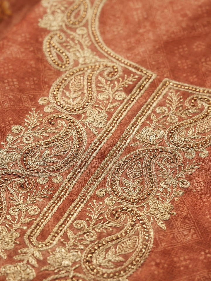 Rust Chanderi Embroidered Unstitched Dress Material