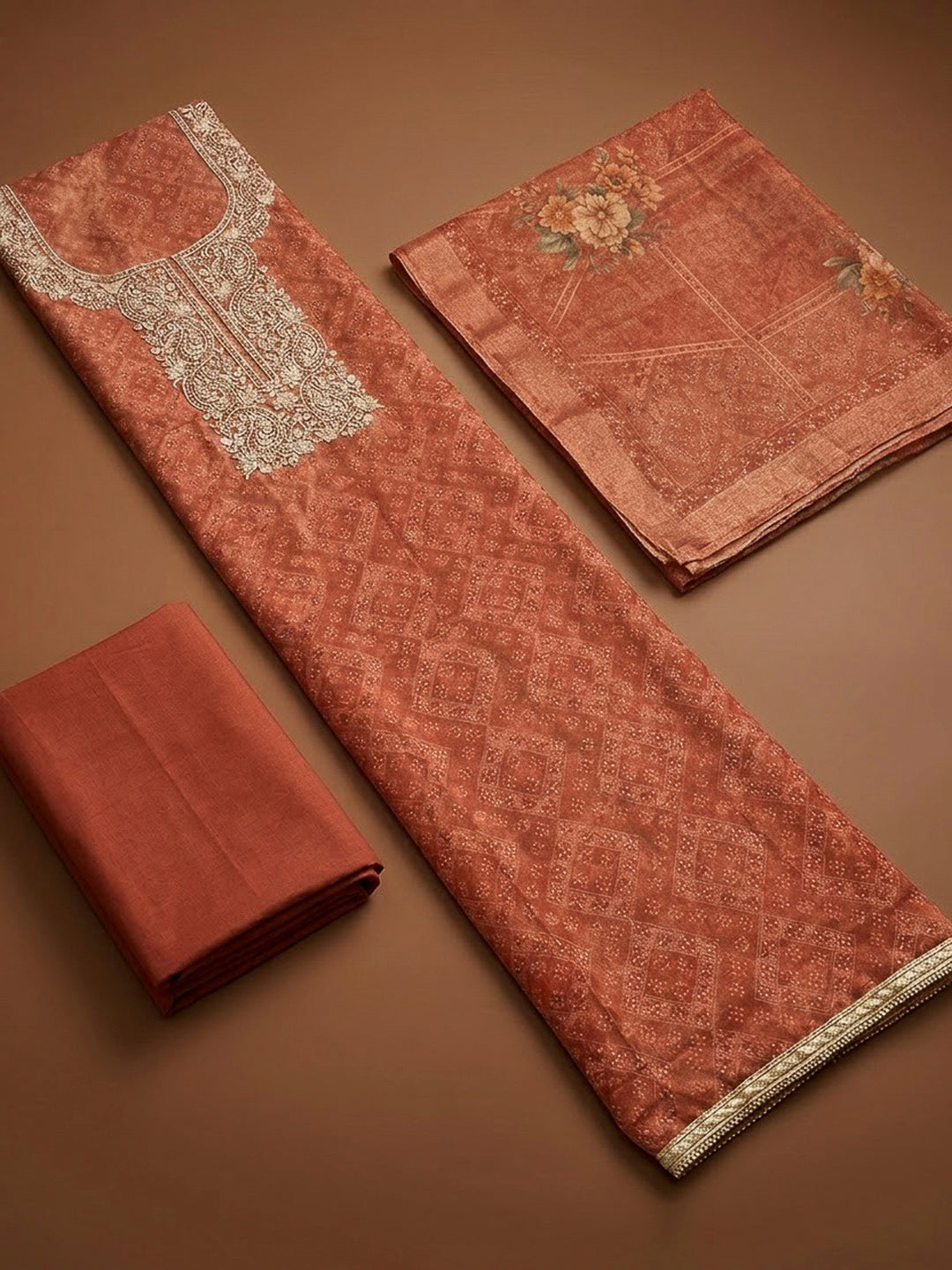 Rust Chanderi Embroidered Unstitched Dress Material