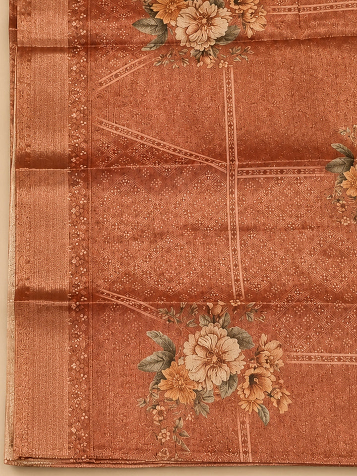 Rust Chanderi Embroidered Unstitched Dress Material