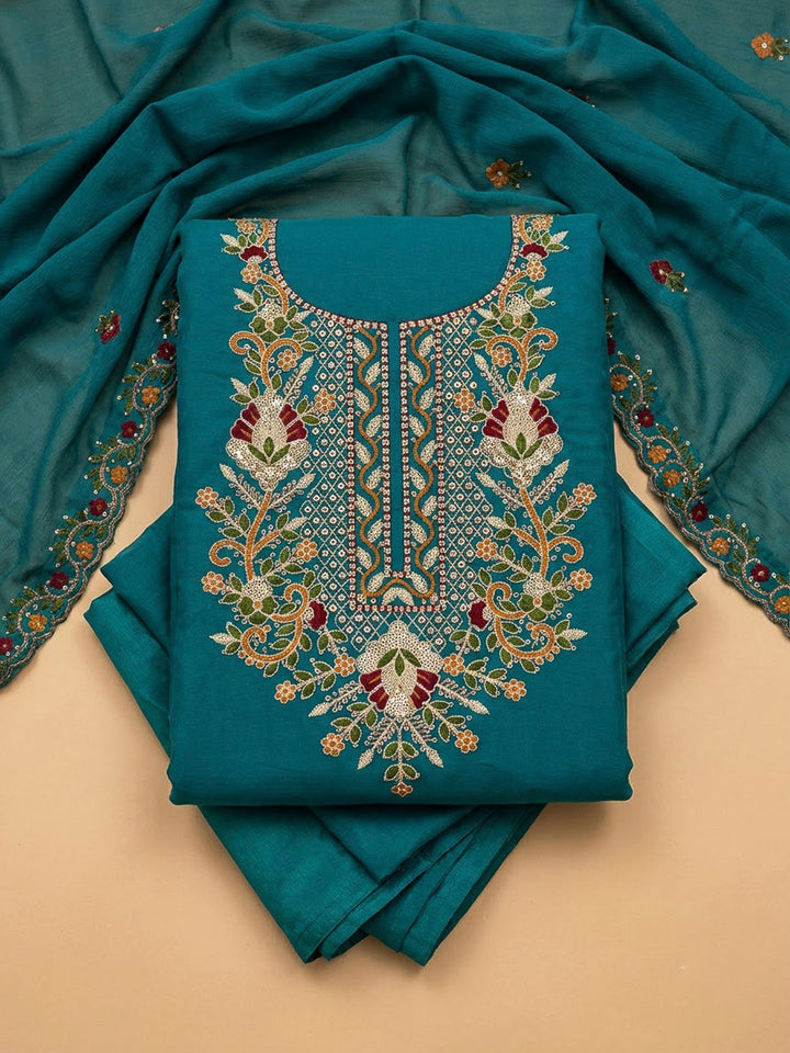 Rama Green Chanderi Embroidered Unstitched Dress Material