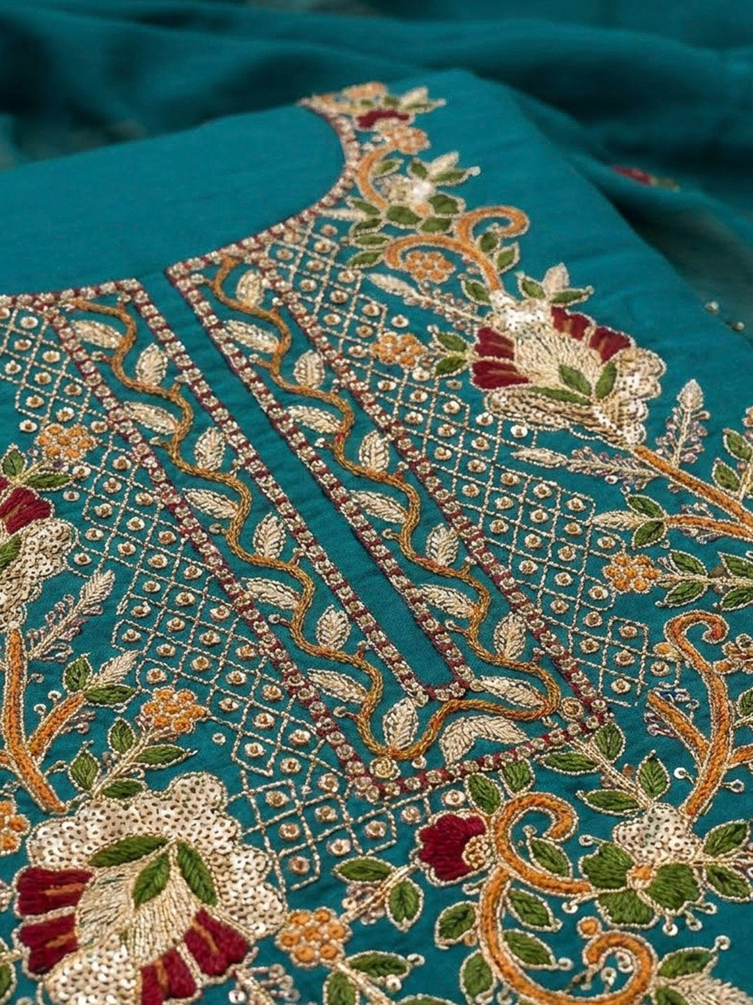 Rama Green Chanderi Embroidered Unstitched Dress Material