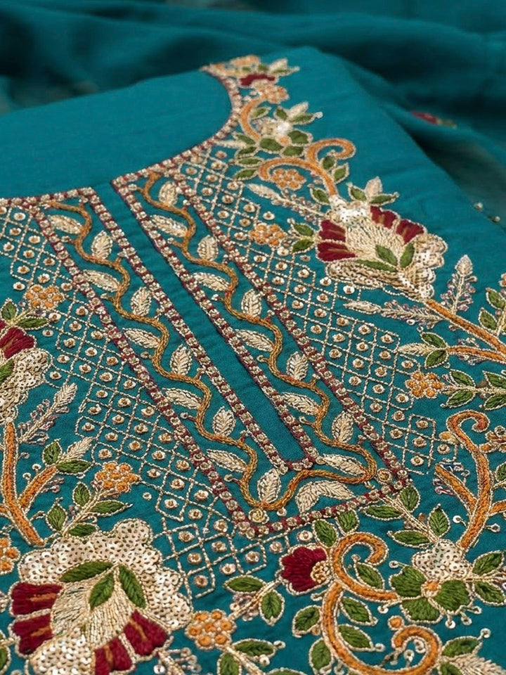 Rama Green Chanderi Embroidered Unstitched Dress Material