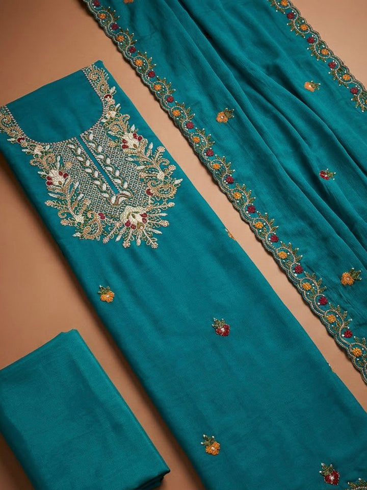 Rama Green Chanderi Embroidered Unstitched Dress Material