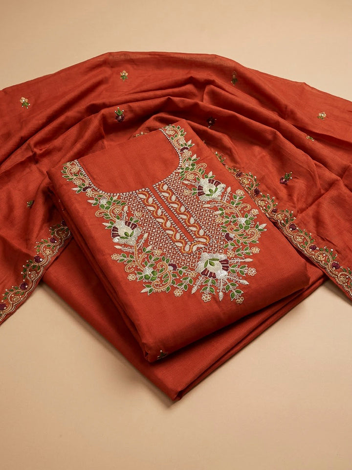 Rust Chanderi Embroidered Unstitched Dress Material