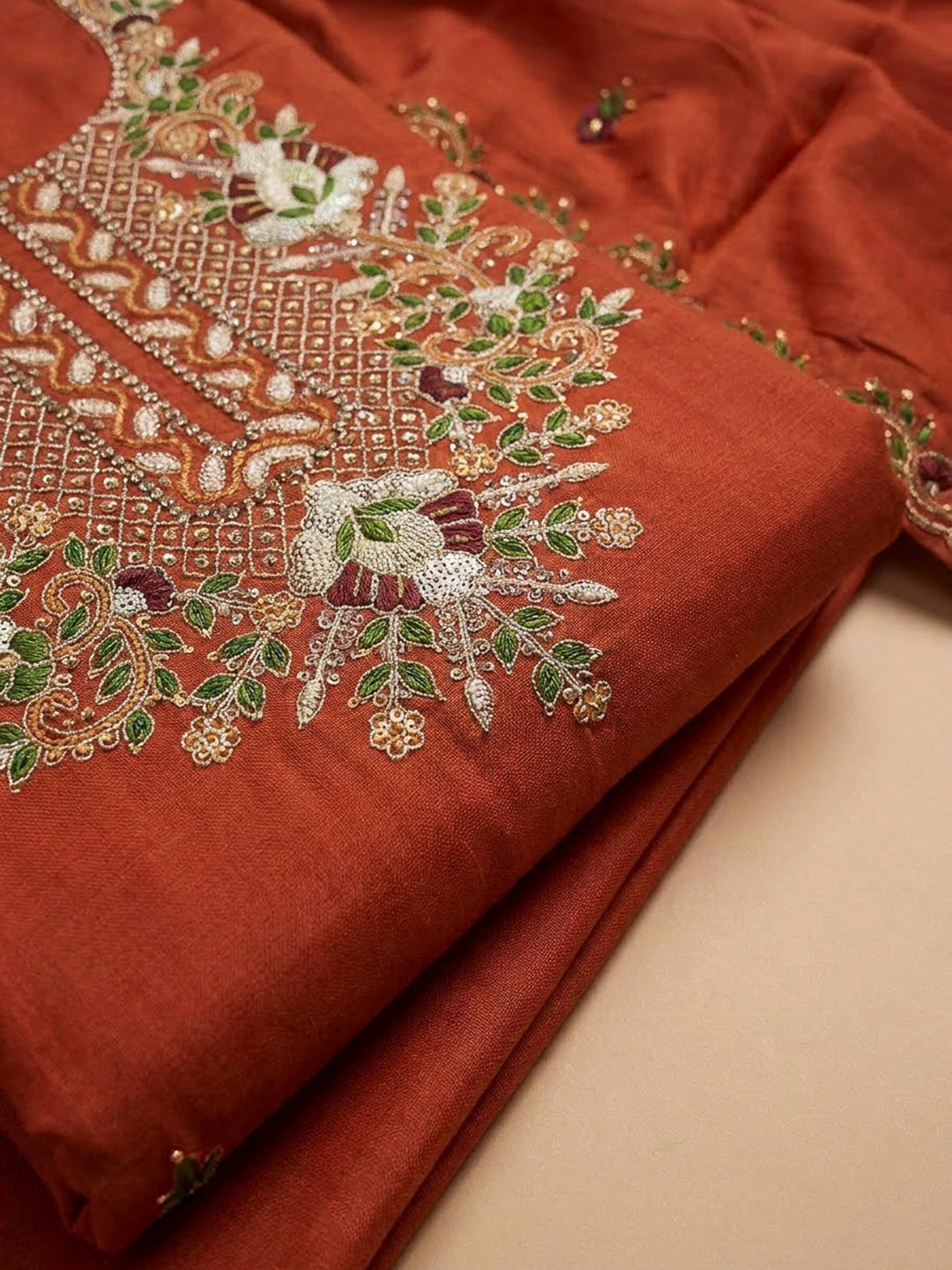 Rust Chanderi Embroidered Unstitched Dress Material