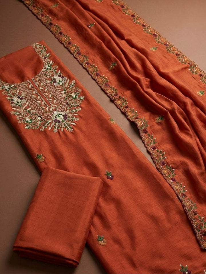 Rust Chanderi Embroidered Unstitched Dress Material