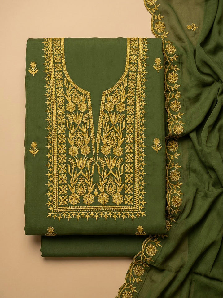 Green Chanderi Embroidered Unstitched Dress Material