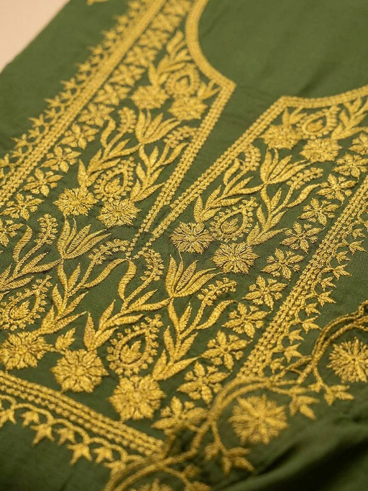Green Chanderi Embroidered Unstitched Dress Material