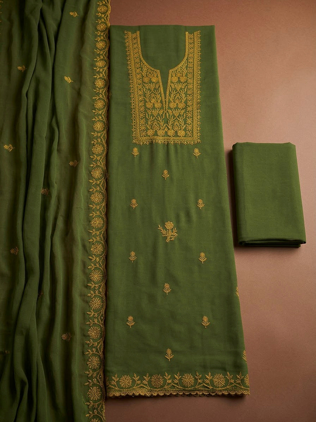 Green Chanderi Embroidered Unstitched Dress Material