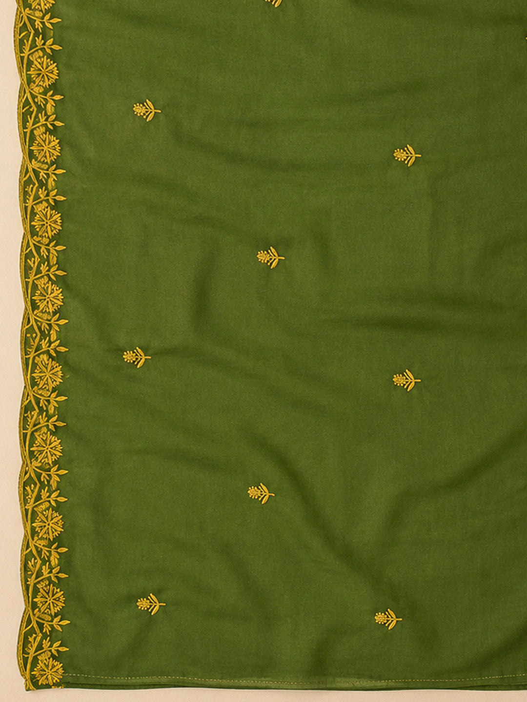 Green Chanderi Embroidered Unstitched Dress Material
