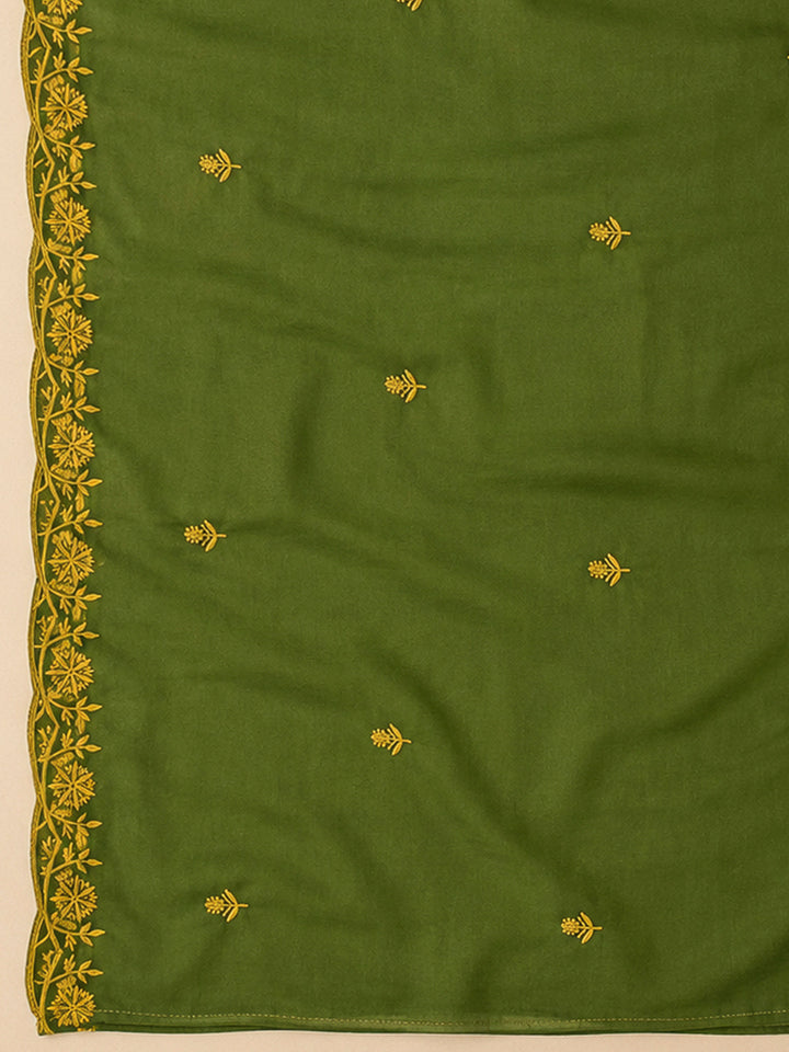 Green Chanderi Embroidered Unstitched Dress Material