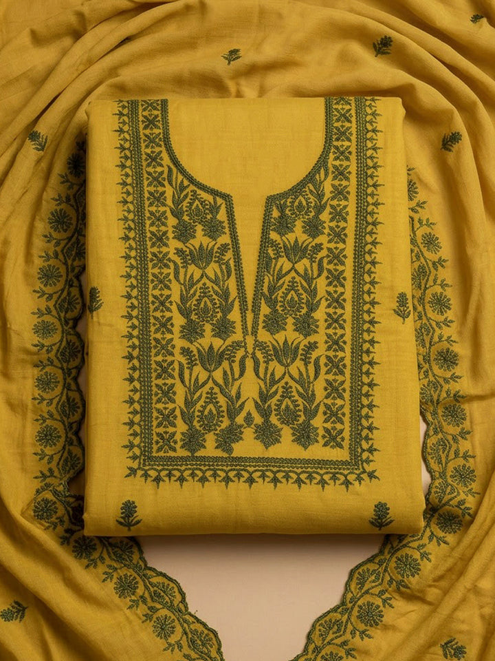 Mustard Chanderi Embroidered Unstitched Dress Material
