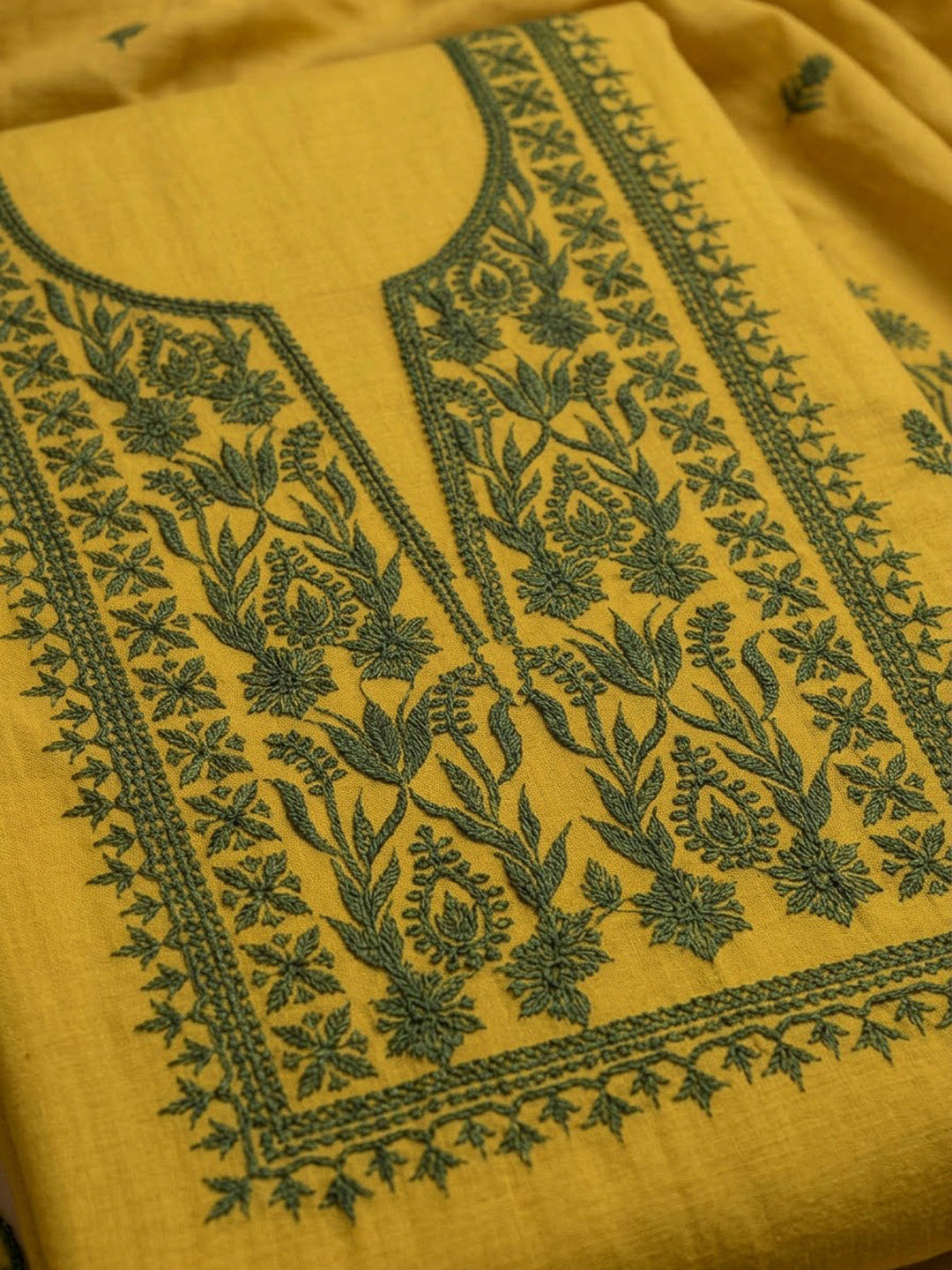 Mustard Chanderi Embroidered Unstitched Dress Material