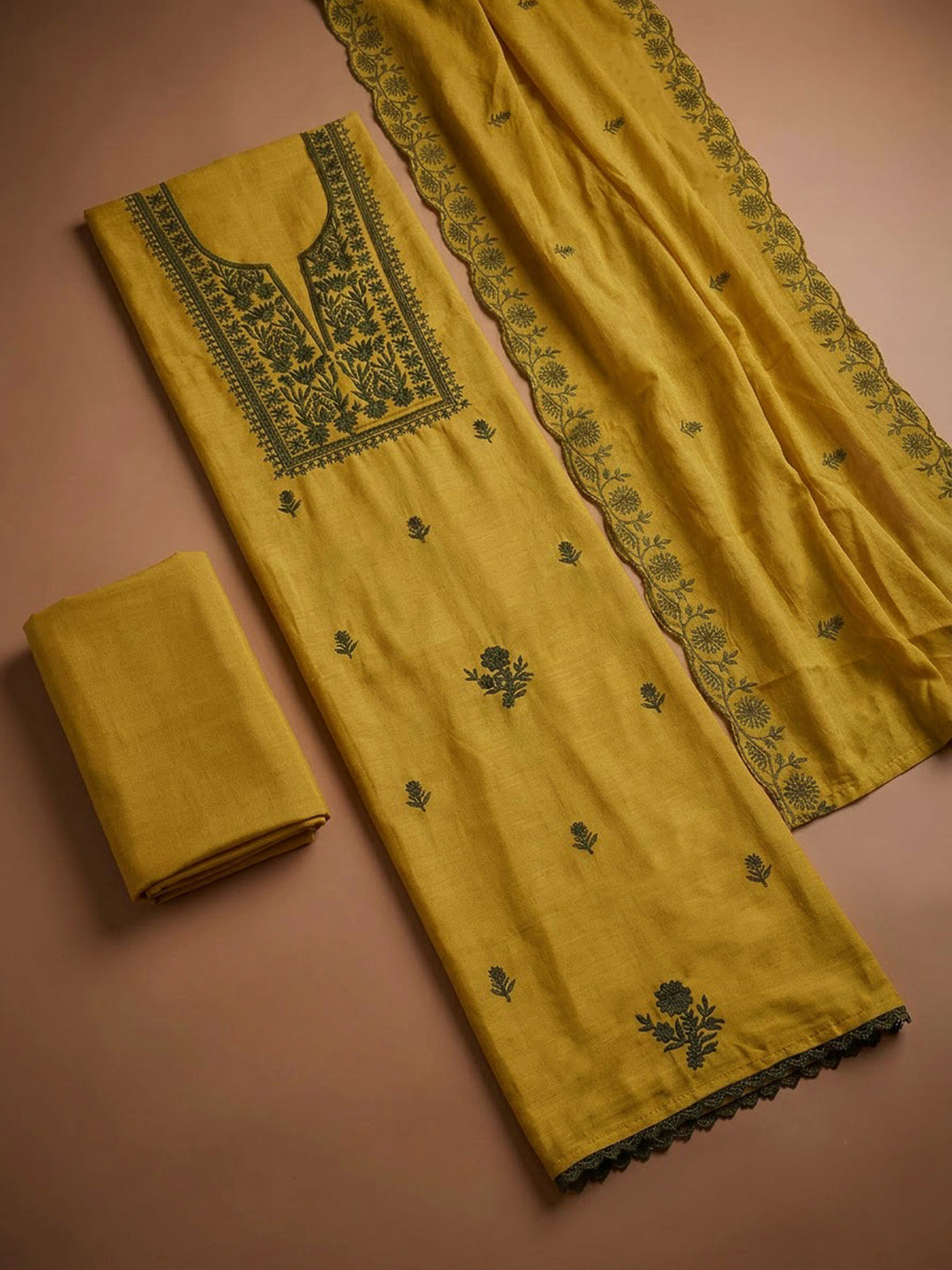 Mustard Chanderi Embroidered Unstitched Dress Material