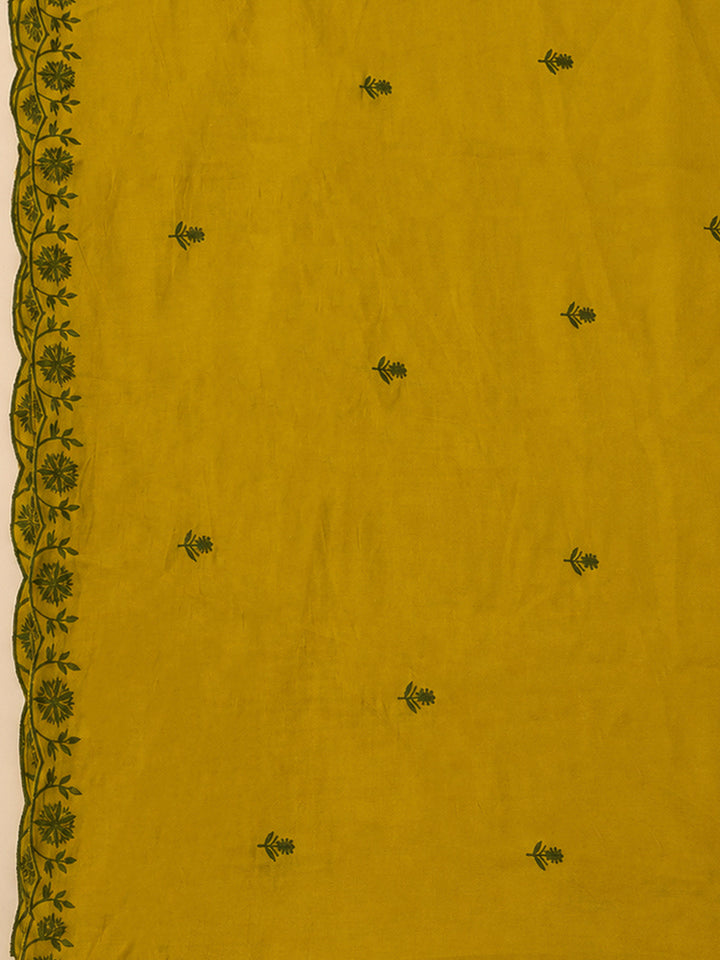 Mustard Chanderi Embroidered Unstitched Dress Material