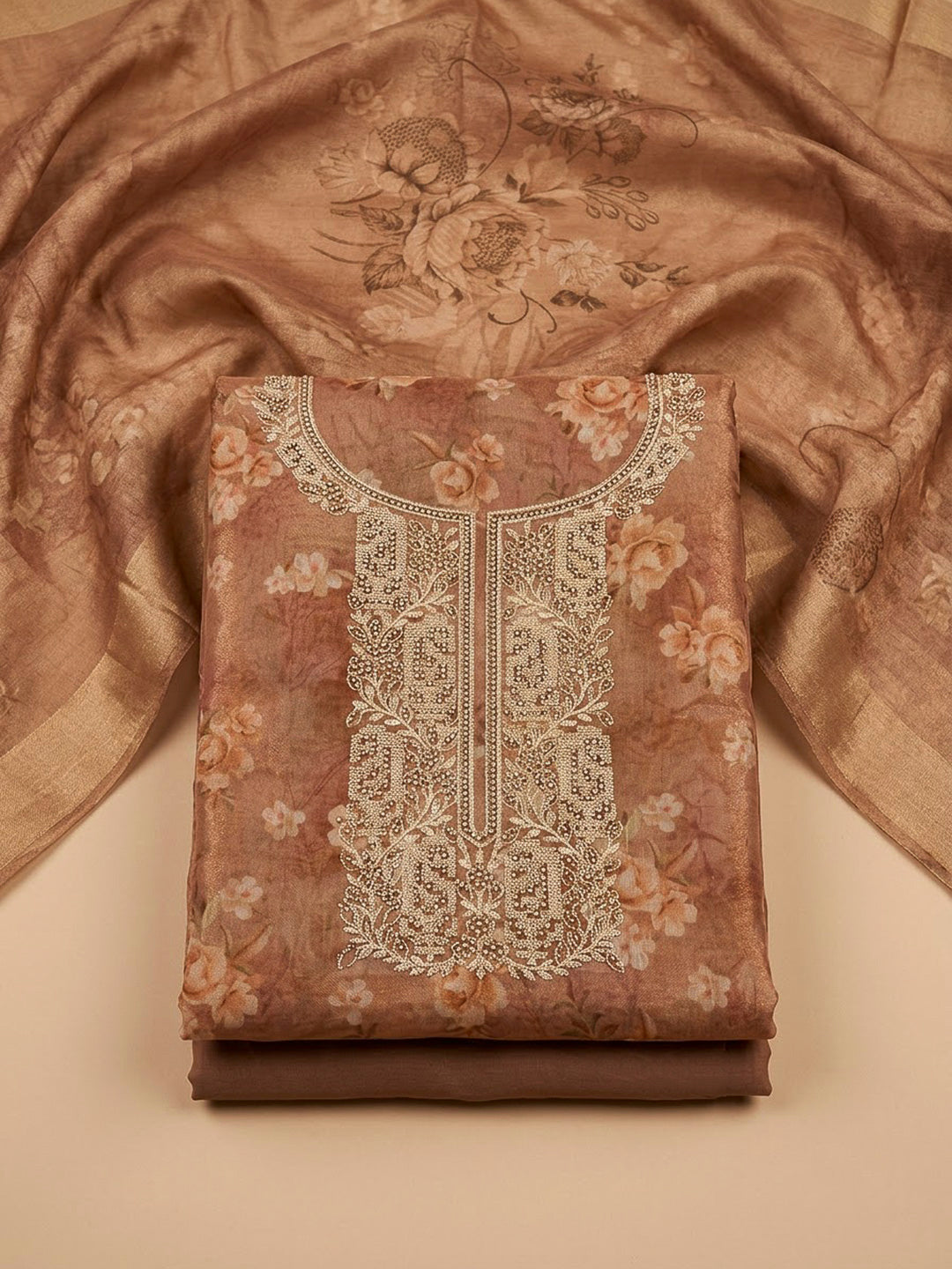 Beige Tissue Embroidered Unstitched Dress Material