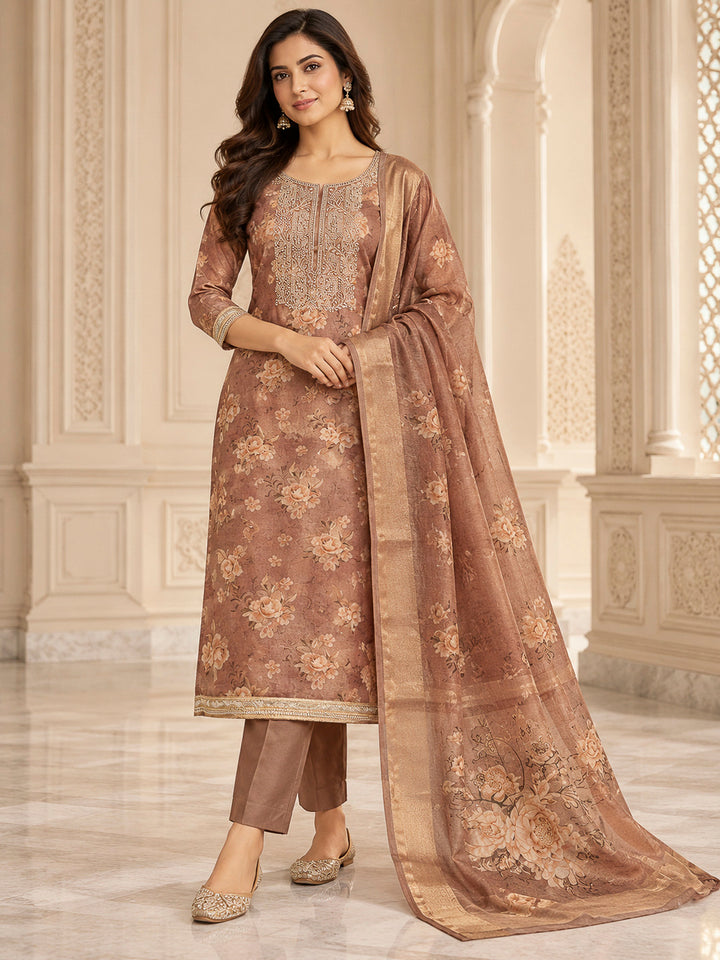 Beige Tissue Embroidered Unstitched Dress Material