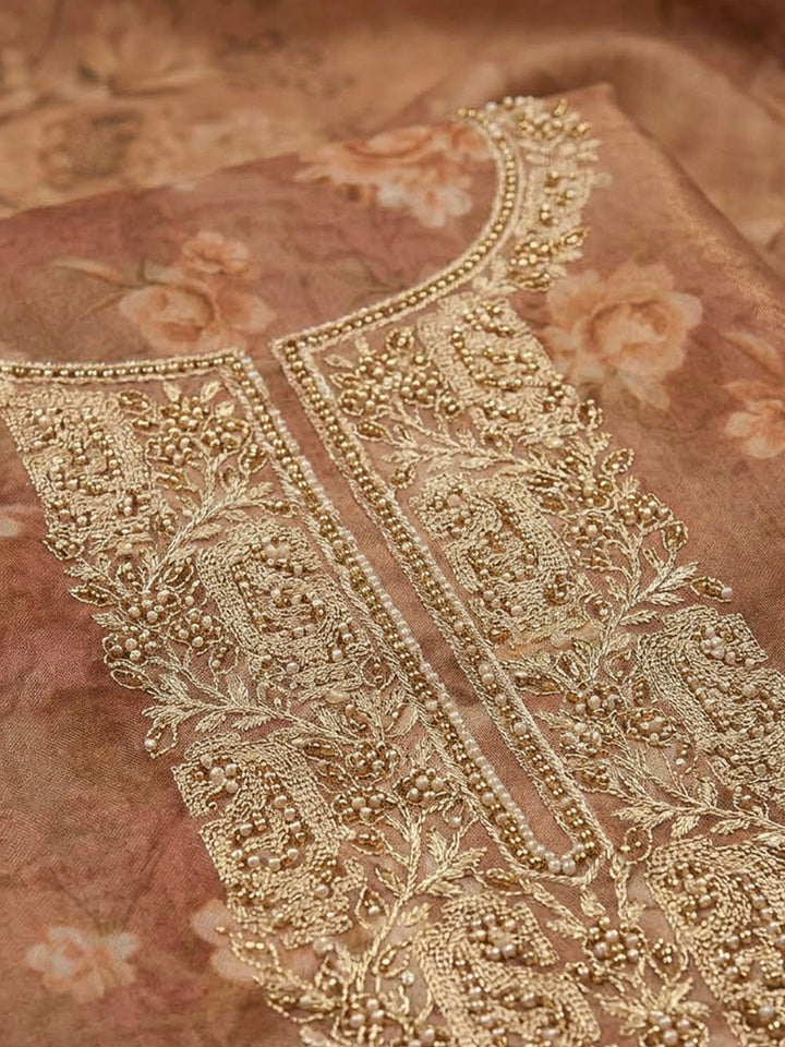 Beige Tissue Embroidered Unstitched Dress Material