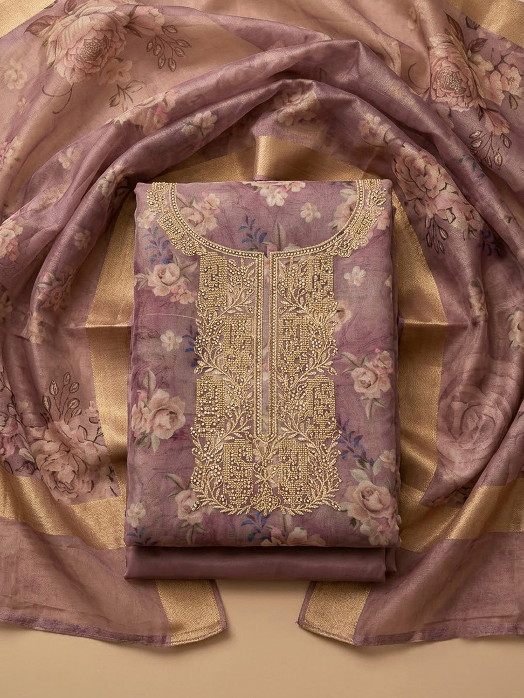 Lavender Tissue Embroidered Unstitched Dress Material