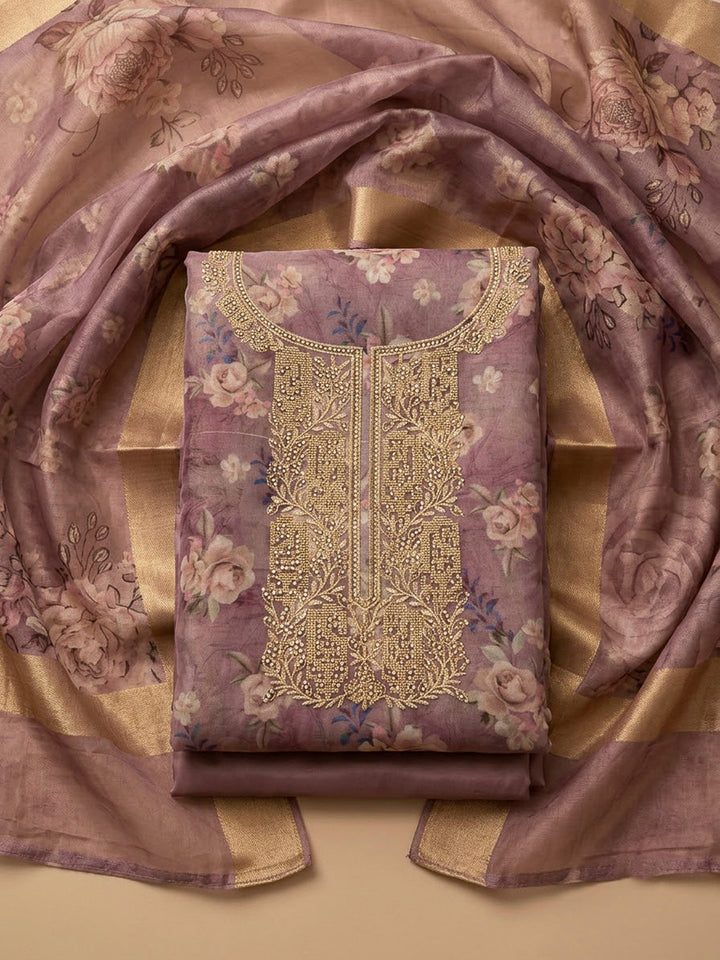Lavender Tissue Embroidered Unstitched Dress Material