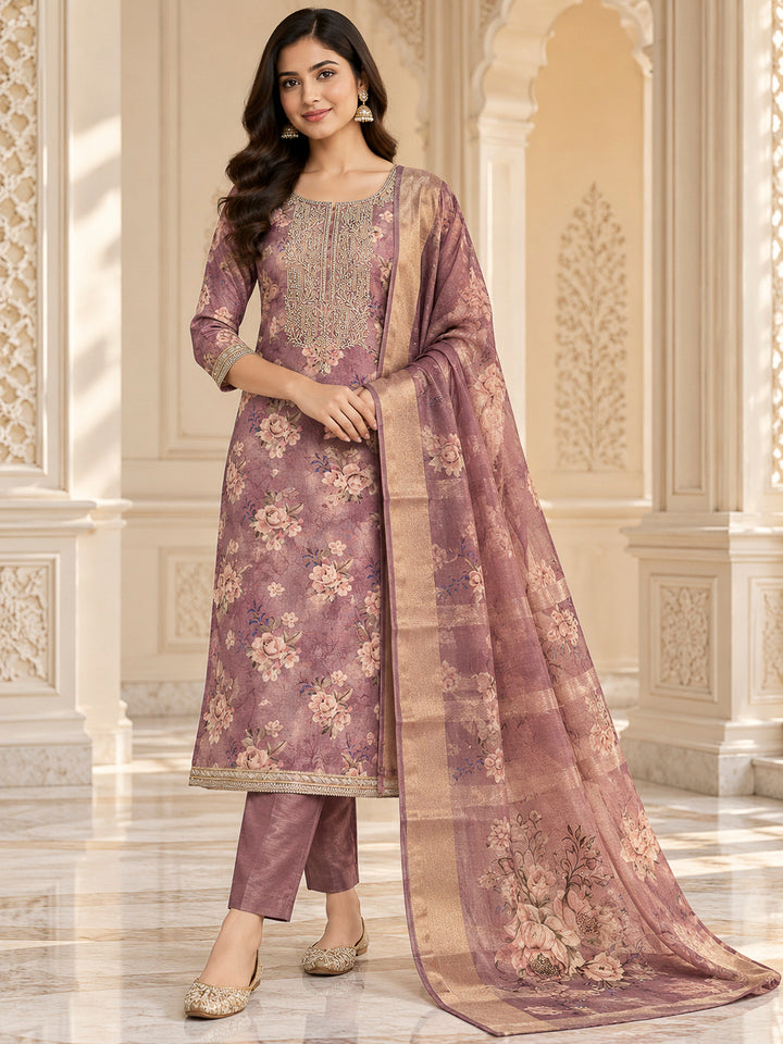 Lavender Tissue Embroidered Unstitched Dress Material